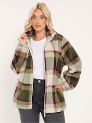 Yours Curve Green Checked Zip Through Fleece - Image 1 of 6