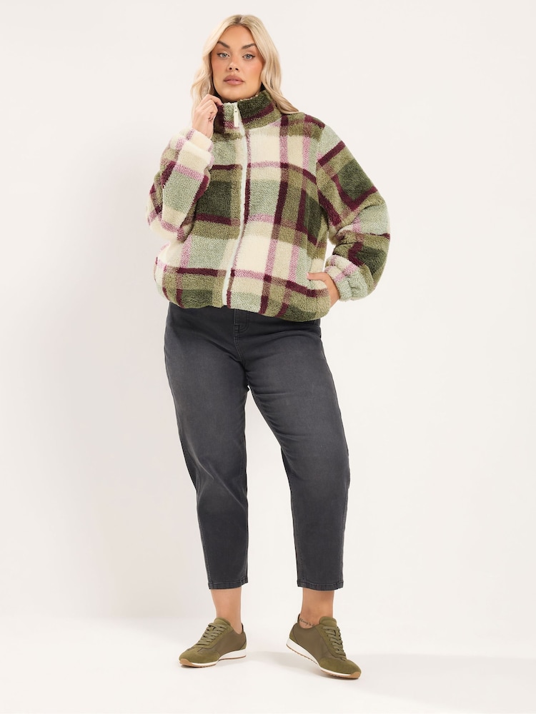 Yours Curve Green Checked Zip Through Fleece - Image 2 of 6 Yours Curve Green Checked Zip Through Fleece - Image 2 of 6