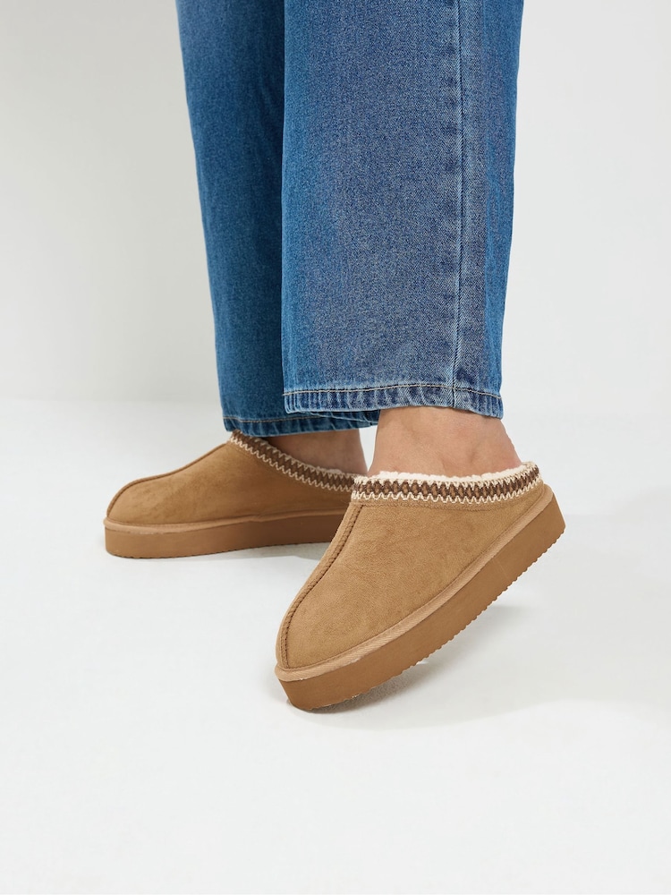 Yours Curve Brown Wide Fit Faux Suede Embroidered Mules - Image 1 of 5 Yours Curve Brown Wide Fit Faux Suede Embroidered Mules - Image 1 of 5