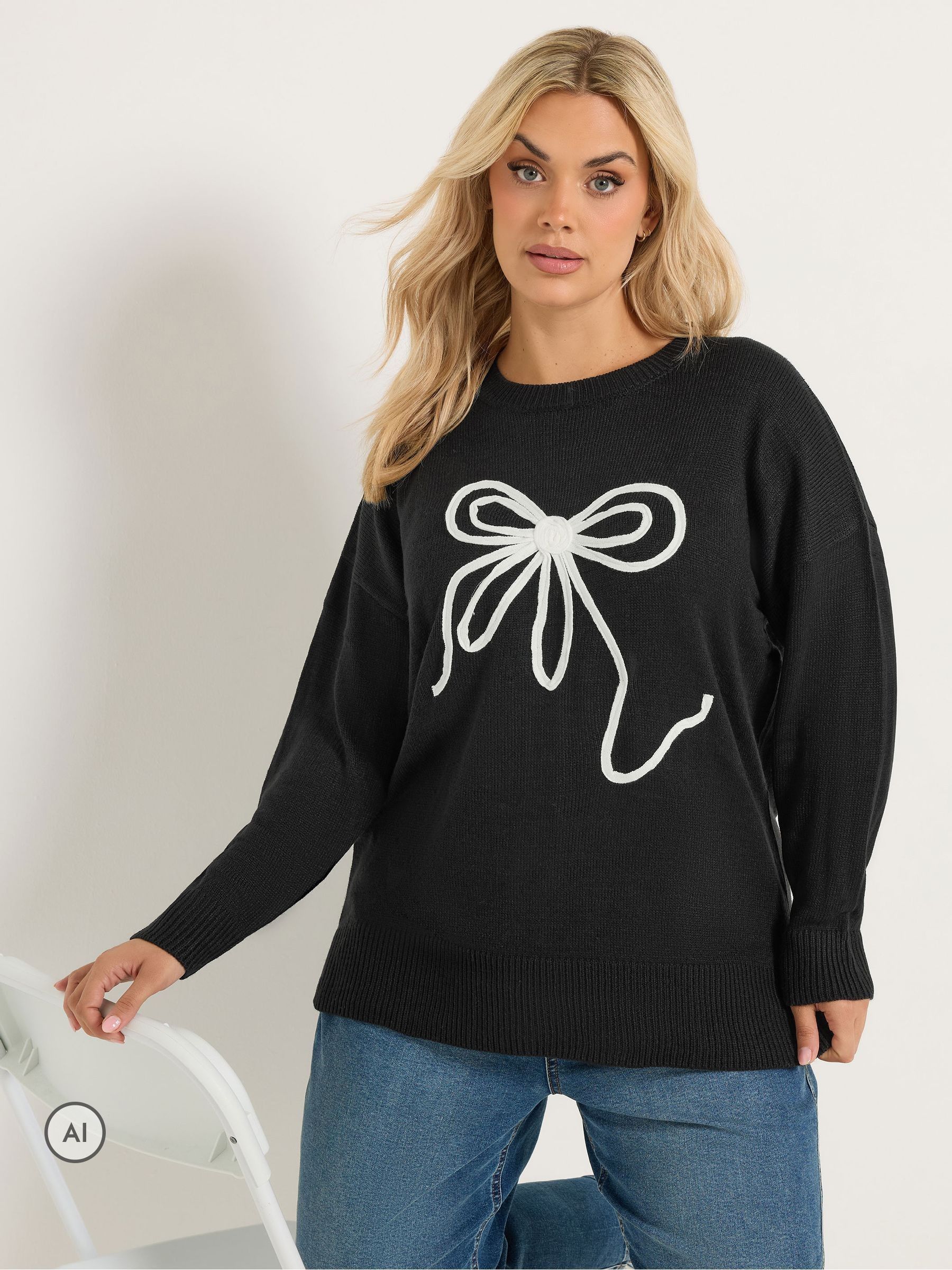 Yours Women's Bow Knit Jumper in Black | Size: 30-32 - Image 2