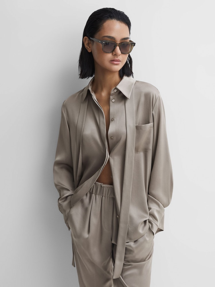 Reiss Grey Elaina Satin Removable Neck Tie Blouse - Image 1 of 4