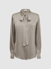 Reiss Grey Elaina Satin Removable Neck Tie Blouse - Image 2 of 4