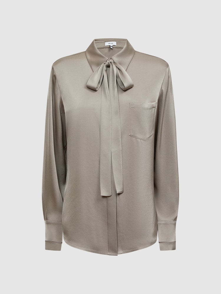 Reiss Grey Elaina Satin Removable Neck Tie Blouse - Image 2 of 4