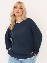 Yours Curve Blue Contrast Waffle Jumper - Image 1 of 6