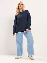 Yours Curve Blue Contrast Waffle Jumper - Image 2 of 6