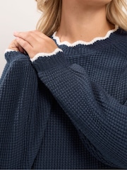 Yours Curve Blue Contrast Waffle Jumper - Image 4 of 6