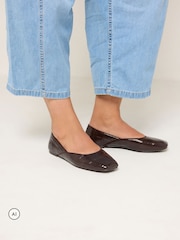 Yours Curve Brown Extra Wide Fit Croc Square Toe Ballet Pumps - Image 1 of 4