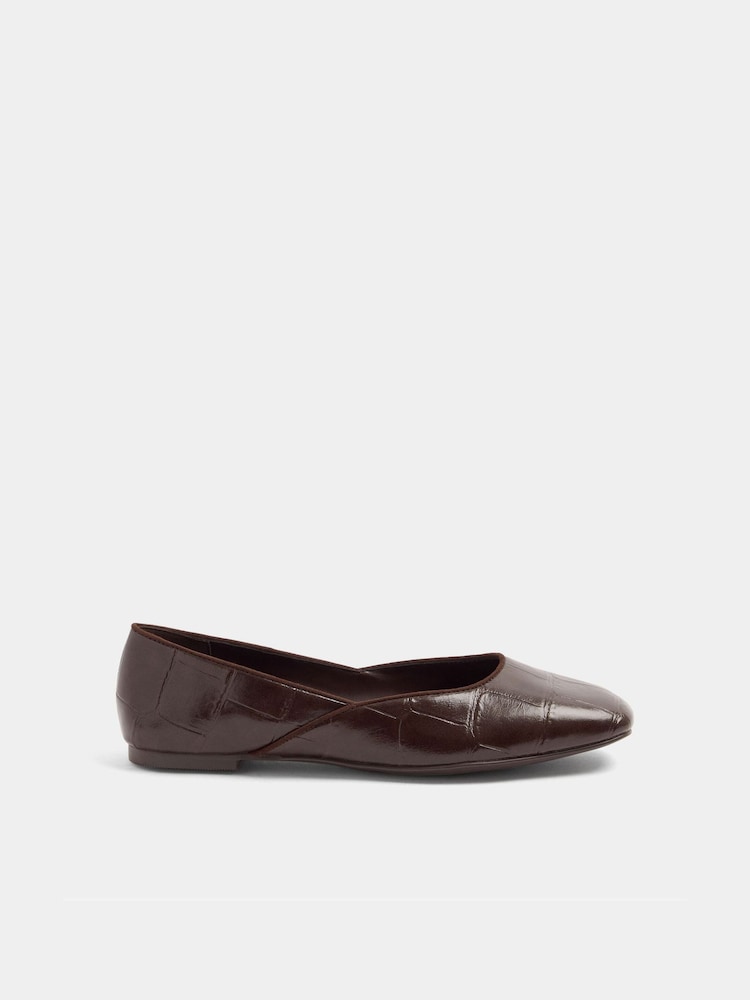 Yours Curve Brown Extra Wide Fit Croc Square Toe Ballet Pumps - Image 2 of 4 Yours Curve Brown Extra Wide Fit Croc Square Toe Ballet Pumps - Image 2 of 4