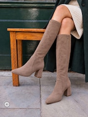 Novo Cream Wide Fit Gina Block Heel Chisel Toe Stretch Knee Boots - Image 1 of 6