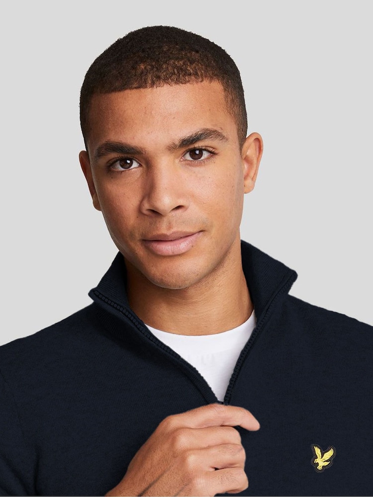 Lyle & Scott Navy Blue Cotton Merino Quarter Zip Jumper - Image 6 of 8