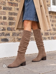 Novo Taupe Brown Wide Fit Gail Almond Toe Flat Ruched Knee Boots - Image 1 of 6