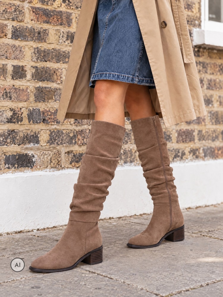 Novo Taupe Brown Wide Fit Gail Almond Toe Flat Ruched Knee Boots - Image 1 of 6 Novo Taupe Brown Wide Fit Gail Almond Toe Flat Ruched Knee Boots - Image 1 of 6