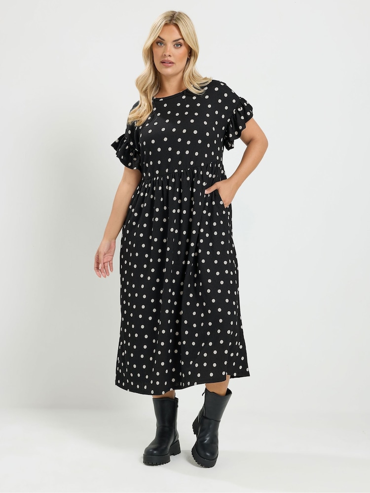 Yours Curve Polka Dot Frill Sleeve Midi Dress - صورة 1 من 6