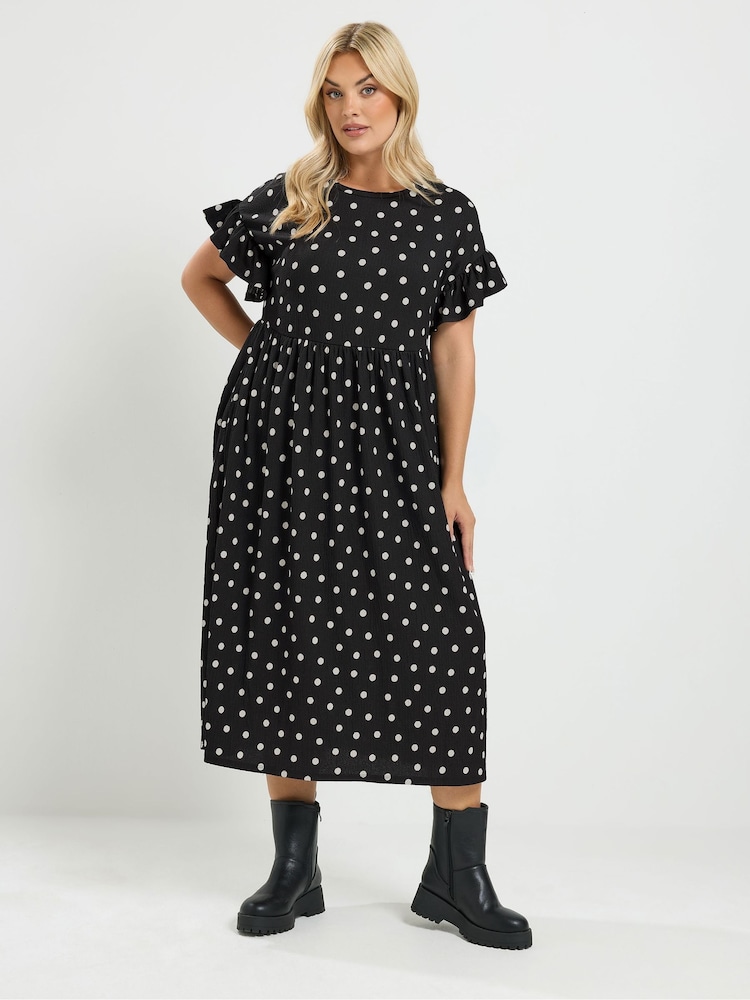 Yours Curve Polka Dot Frill Sleeve Midi Dress - صورة 2 من 6