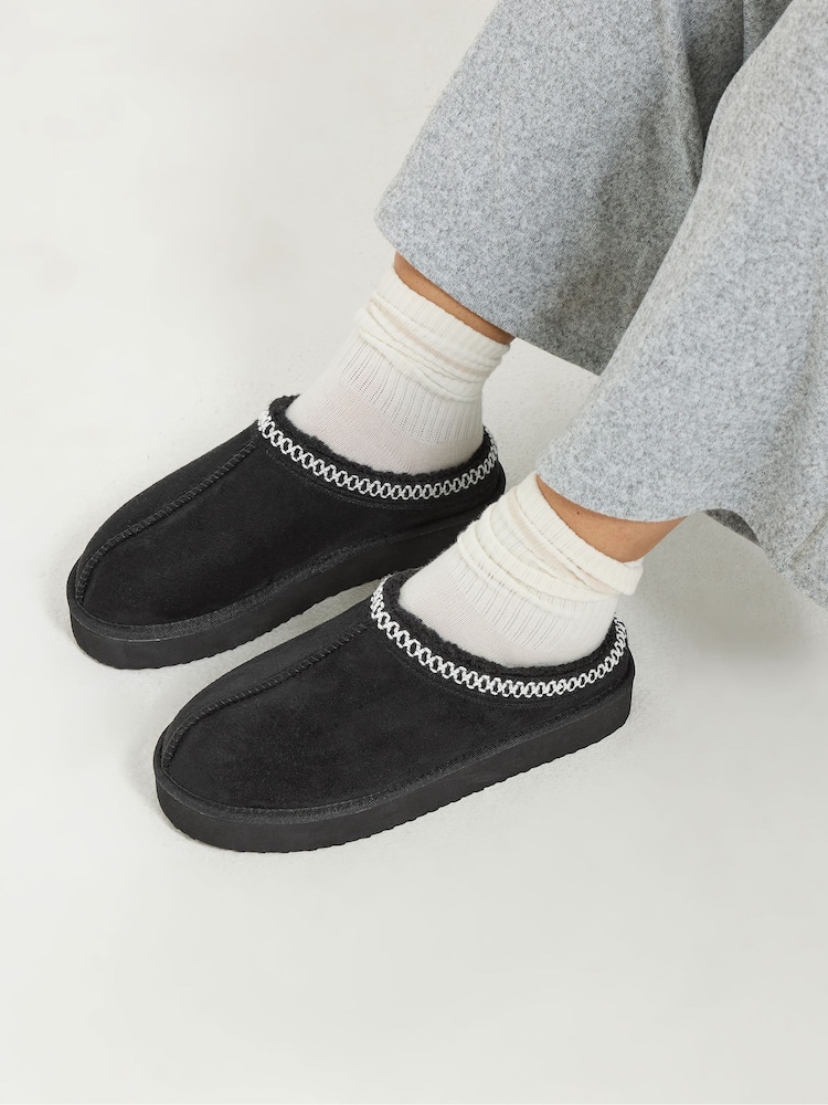 Yours Curve Black Wide Fit Faux Suede Embroidered Mules - Image 1 of 5 Yours Curve Black Wide Fit Faux Suede Embroidered Mules - Image 1 of 5