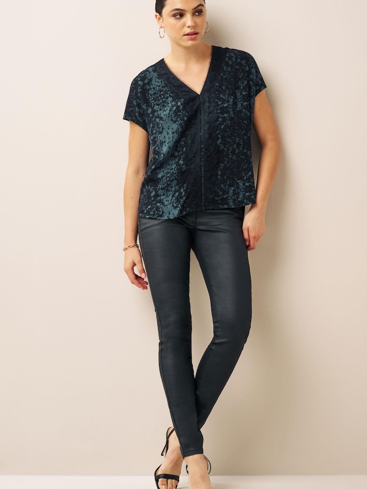 Grey Animal Printed Short Sleeve Lace Trim Top - Image 2 of 6 Grey Animal Printed Short Sleeve Lace Trim Top - Image 2 of 6