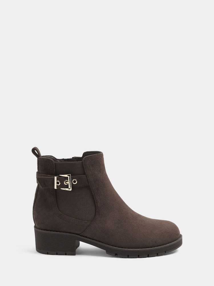 Yours Curve Brown Wide Fit Faux Suede Buckle Stretch Ankle Boots - Image 2 of 5 Yours Curve Brown Wide Fit Faux Suede Buckle Stretch Ankle Boots - Image 2 of 5
