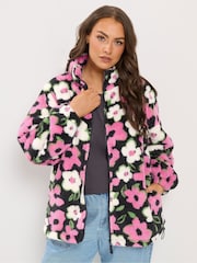 Yours Curve Pink Floral Print Zip Through Fleece - Image 1 of 6