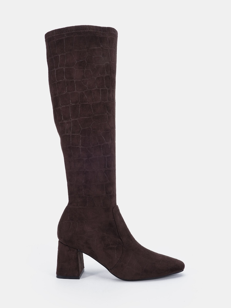 Novo Brown Wide Fit Gina Block Heel Chisel Toe Stretch Knee Boots - Image 2 of 6