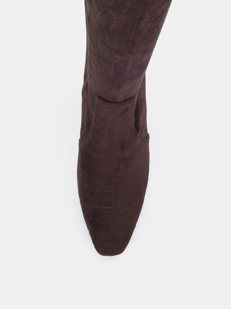 Novo Brown Wide Fit Gina Block Heel Chisel Toe Stretch Knee Boots - Image 6 of 6