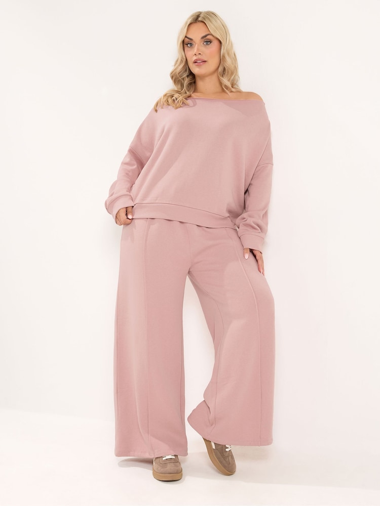 Yours Curve Pink Off Shoulder Sweatshirt & Wide Leg Joggers Set - Image 1 of 6 Yours Curve Pink Off Shoulder Sweatshirt & Wide Leg Joggers Set - Image 1 of 6