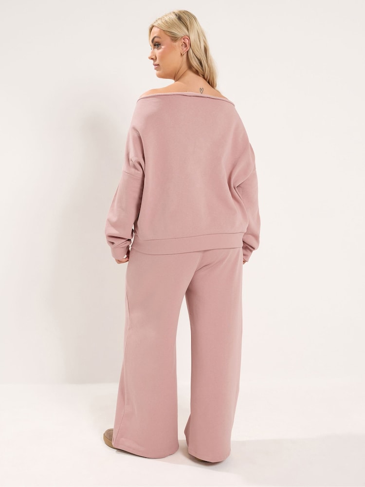 Yours Curve Pink Off Shoulder Sweatshirt & Wide Leg Joggers Set - Image 2 of 6 Yours Curve Pink Off Shoulder Sweatshirt & Wide Leg Joggers Set - Image 2 of 6