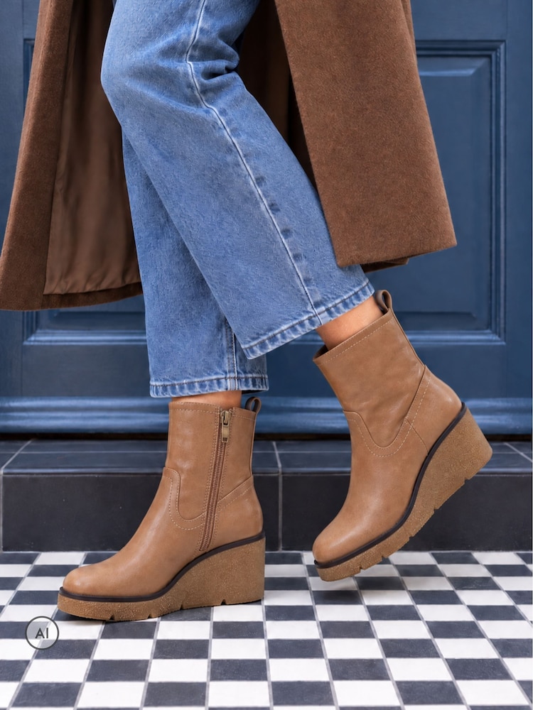 Novo Taupe Brown Jenna Mid Wedge Casual Ankle Boots - Image 1 of 6