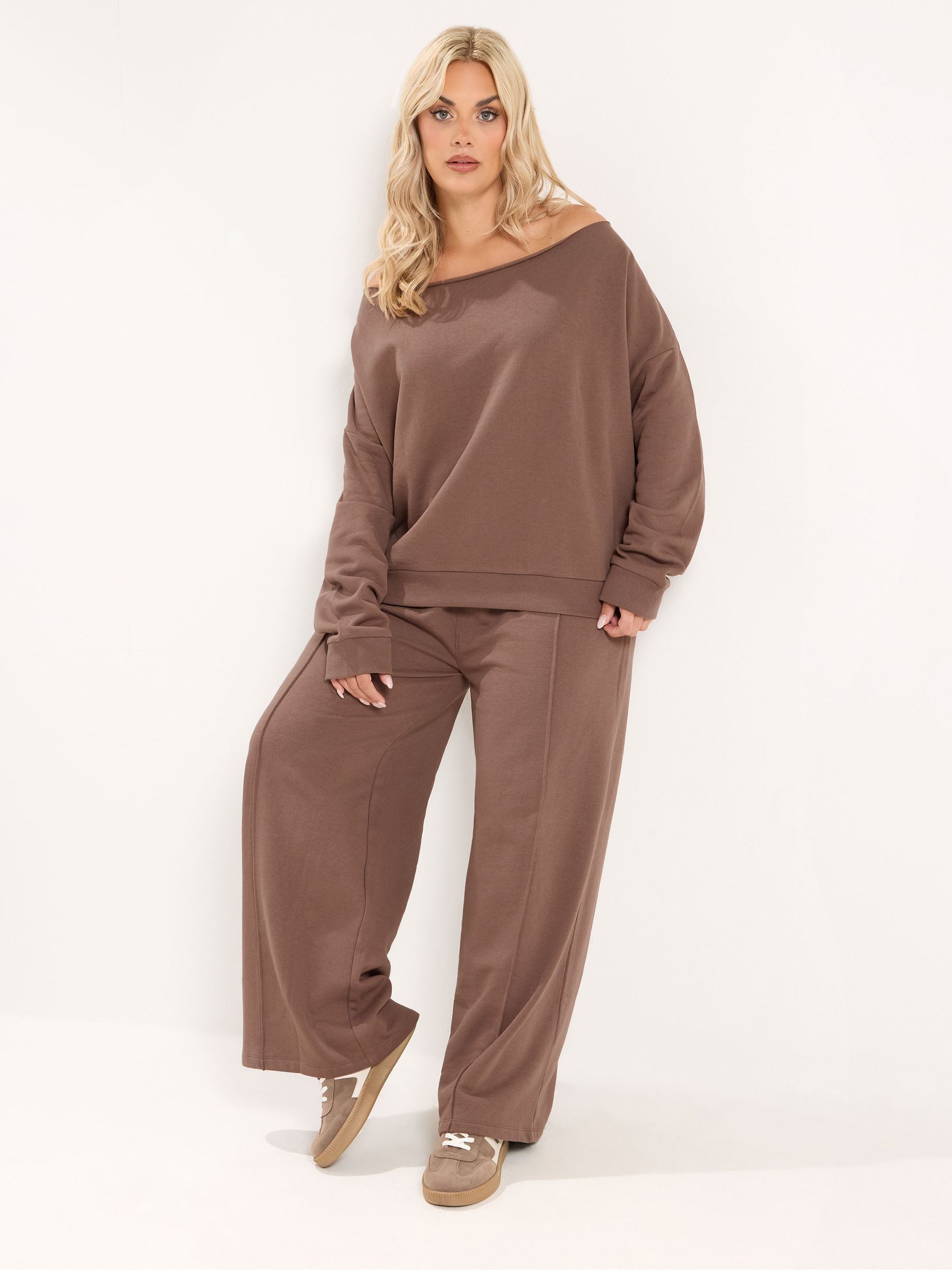 Yours Women's Brown Off Shoulder Sweatshirt & Jogger Wide Leg Set In | Size: 30-32R - Image 2