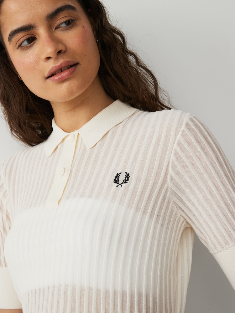 Fred Perry Womens Sheer Knitted Ecru White Polo Shirt - Image 6 of 6