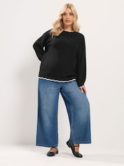 Yours Curve Black Contrast Waffle Jumper - Image 3 of 6