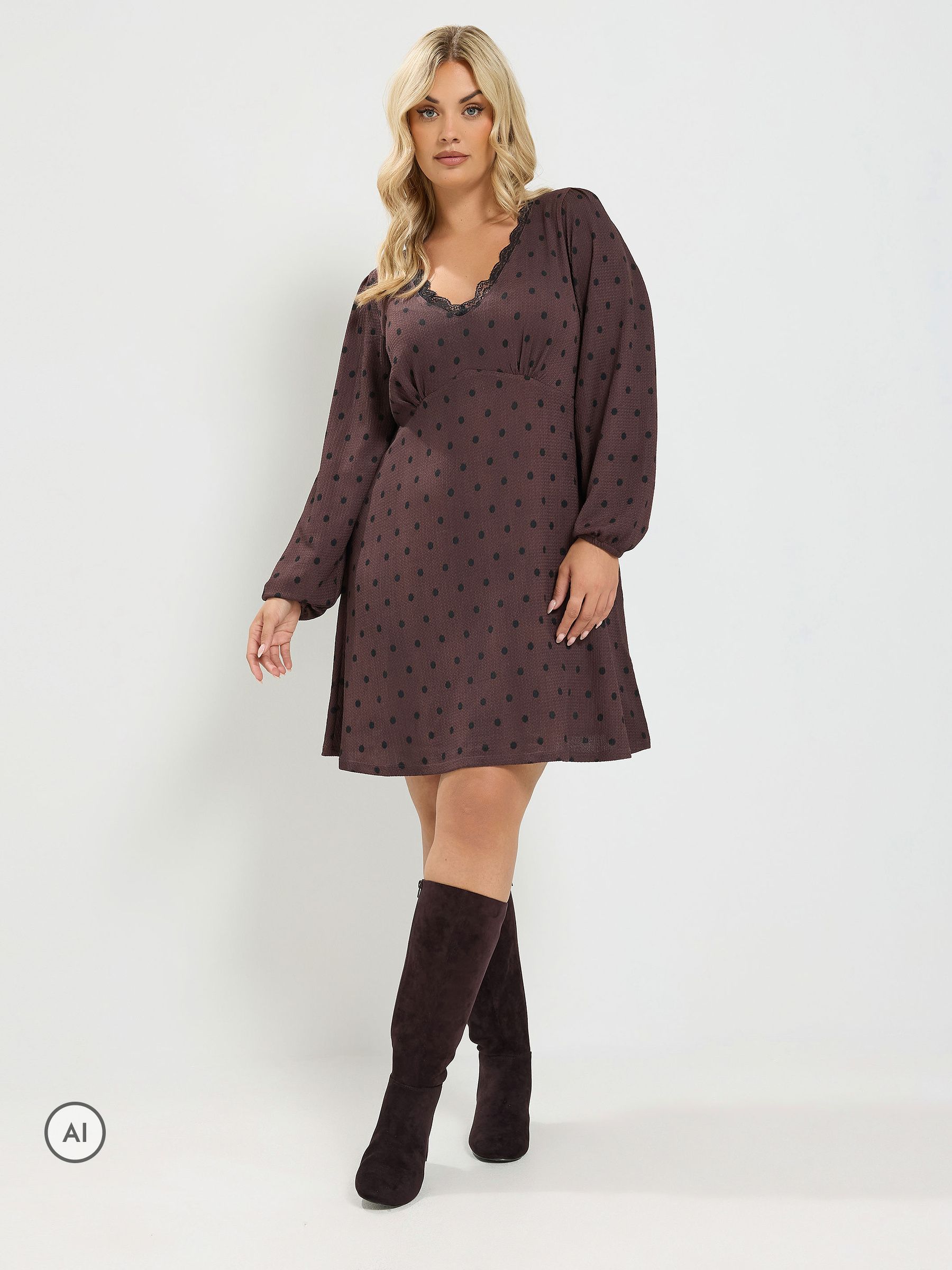 Yours Women's Chocolate Polka Dot Lace Trim Mini Dress In | Size: 26-28 - Image 2