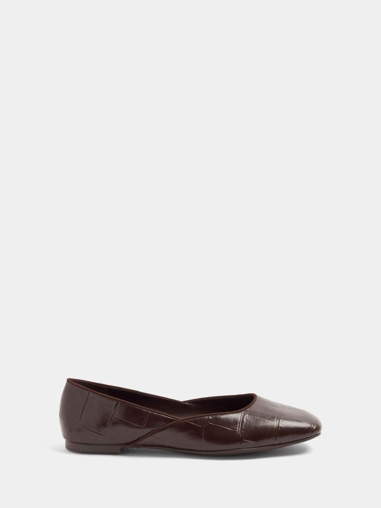 Yours Curve Brown Wide Fit Croc Square Toe Ballet Pumps - Image 1 of 3