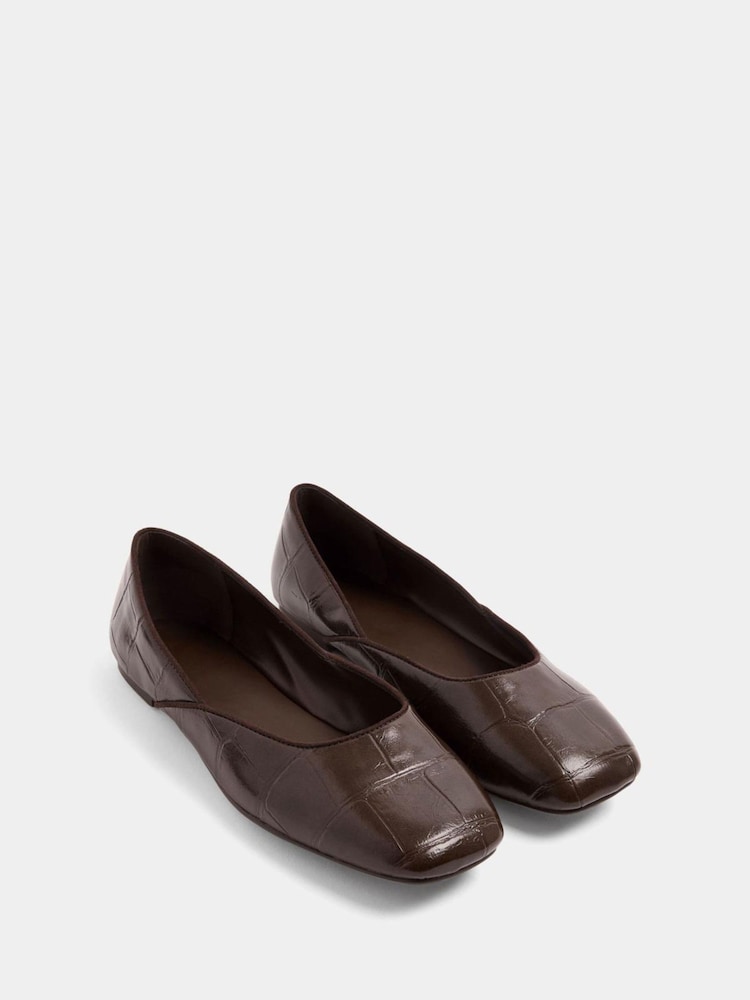 Yours Curve Brown Wide Fit Croc Square Toe Ballet Pumps - Image 2 of 3