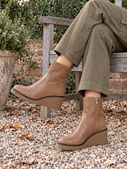 Novo Taupe Brown Wide Fit Jenna Mid Wedge Casual Ankle Boots - Image 1 of 6