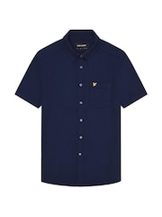 Lyle & Scott Navy Blue Short Sleeve Basket Weave Cotton Shirt - Image 5 of 5