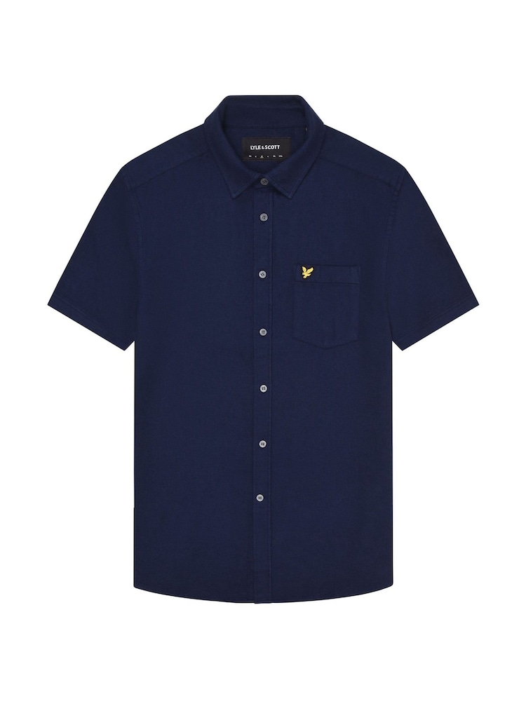 Lyle & Scott Navy Blue Short Sleeve Basket Weave Cotton Shirt - Image 5 of 5
