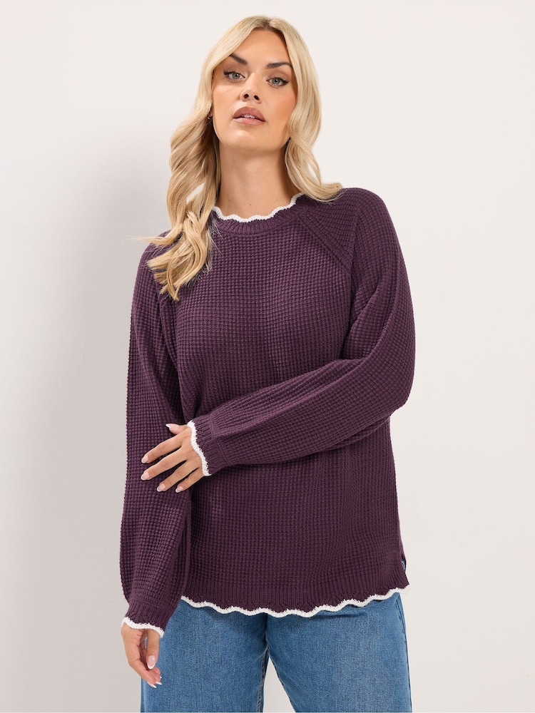 Yours Curve Red Contrast Waffle Jumper - Image 1 of 6