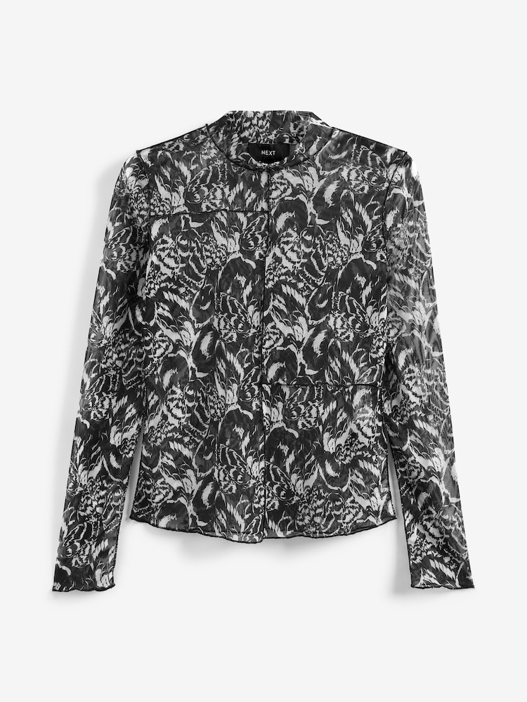 Monochrome Long Sleeve Crew Neck Mesh Top - Image 5 of 5