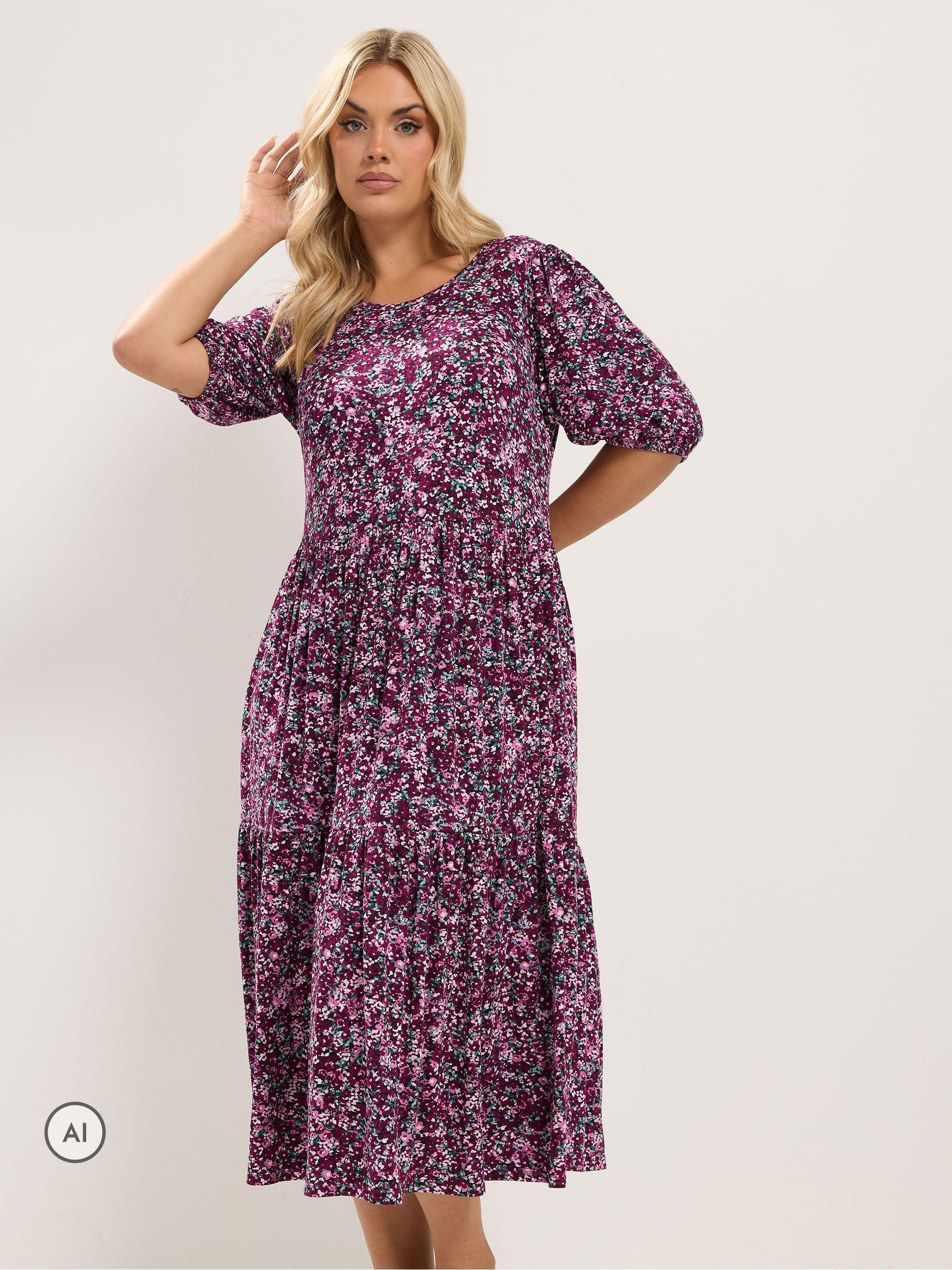 Yours Curve Women's Pink Puff Sleeve Tiered Maxi Dress - Image 1