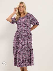 Yours Curve Pink Puff Sleeve Tiered Maxi Dress - Image 1 of 6