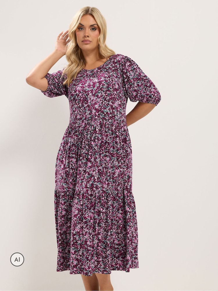 Yours Curve Pink Puff Sleeve Tiered Maxi Dress - Image 1 of 6 Yours Curve Pink Puff Sleeve Tiered Maxi Dress - Image 1 of 6