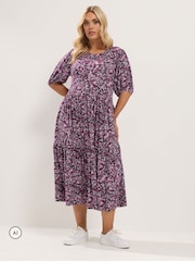 Yours Curve Pink Puff Sleeve Tiered Maxi Dress - Image 2 of 6