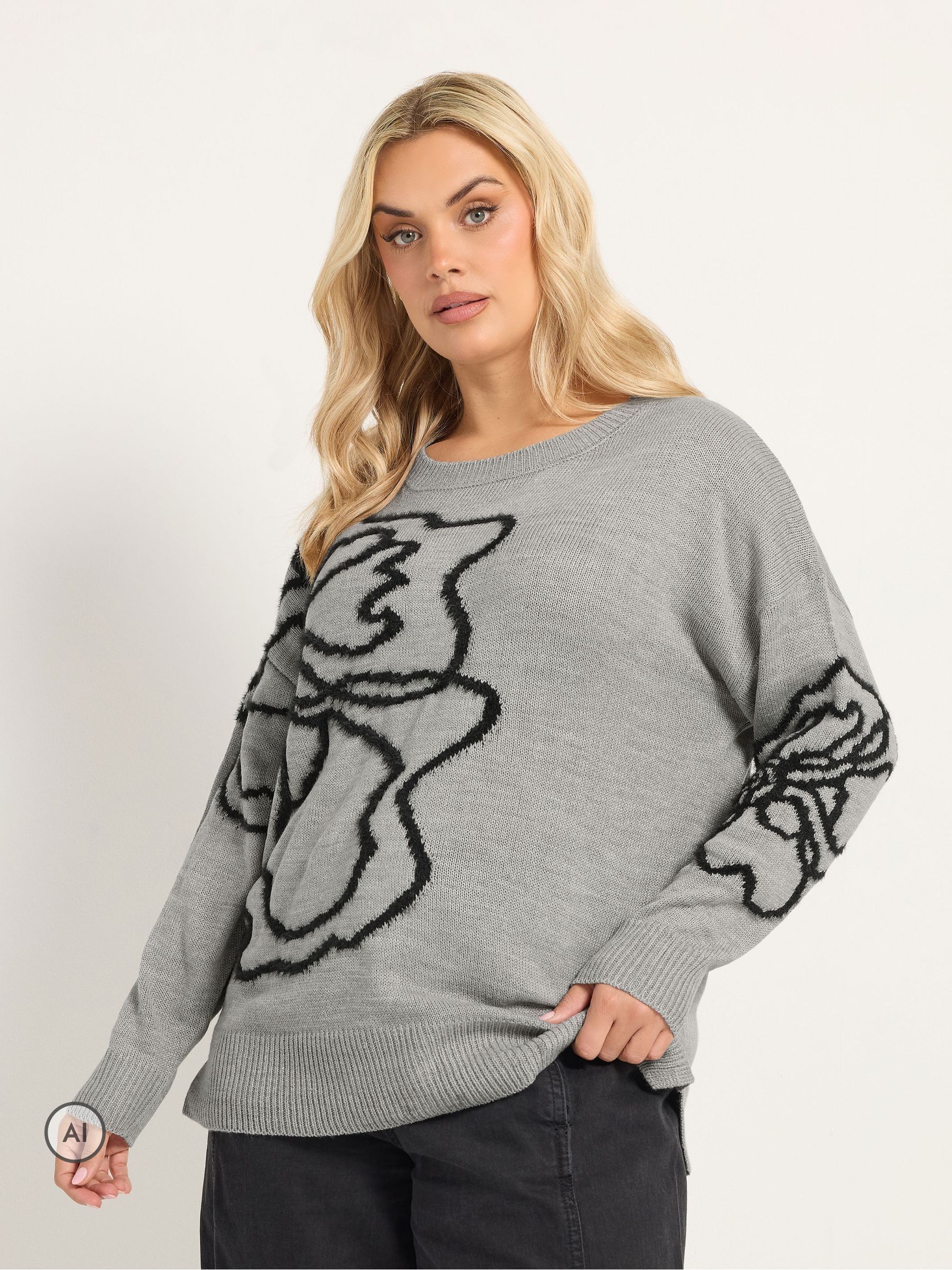 Yours Women's Floral Knitted Jumper in Grey | Size: 30-32 - Image 2