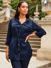 Sosandar Blue Satin Utility Tie Waist Shirt - Image 1 of 5