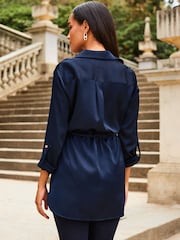 Sosandar Blue Satin Utility Tie Waist Shirt - Image 2 of 5