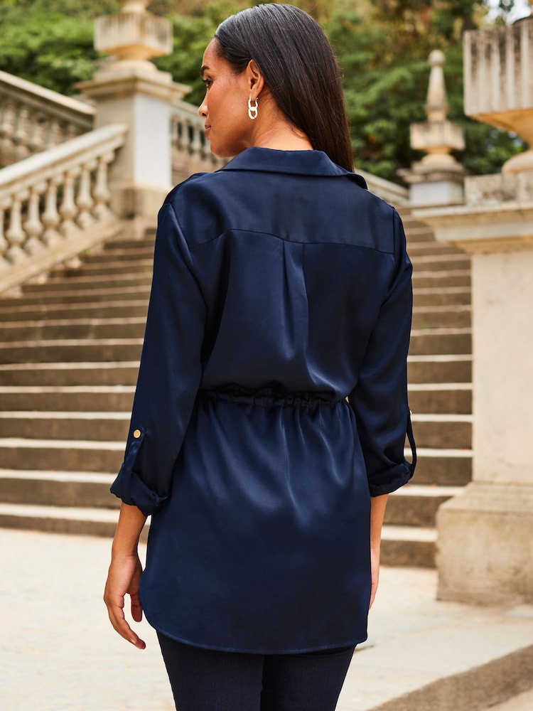 Sosandar Blue Satin Utility Tie Waist Shirt - Image 2 of 5