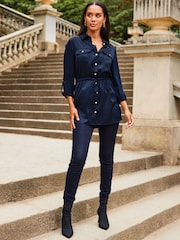 Sosandar Blue Satin Utility Tie Waist Shirt - Image 3 of 5