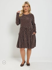 Yours Curve Brown Spot Peplum Mini Dress - Image 1 of 6