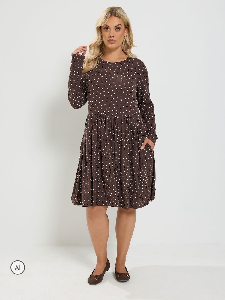 Yours Curve Brown Spot Peplum Mini Dress - Image 1 of 6