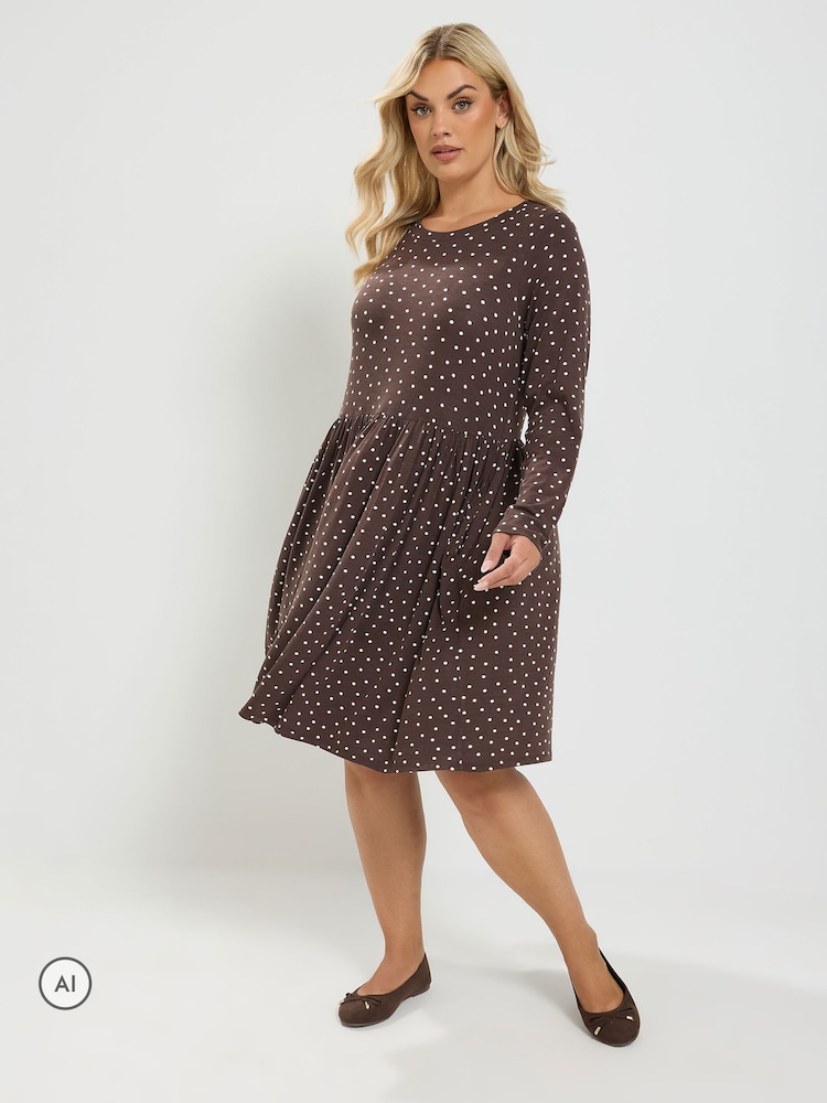 Yours Women's Plus Size Chocolate Brown Polka Dot Peplum Mini Dress Size 10